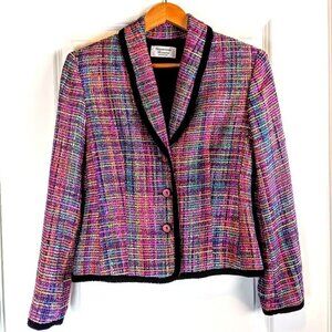 Giancarlo Ferrari Petite Blue Pink Tweed Black Trim Blazer